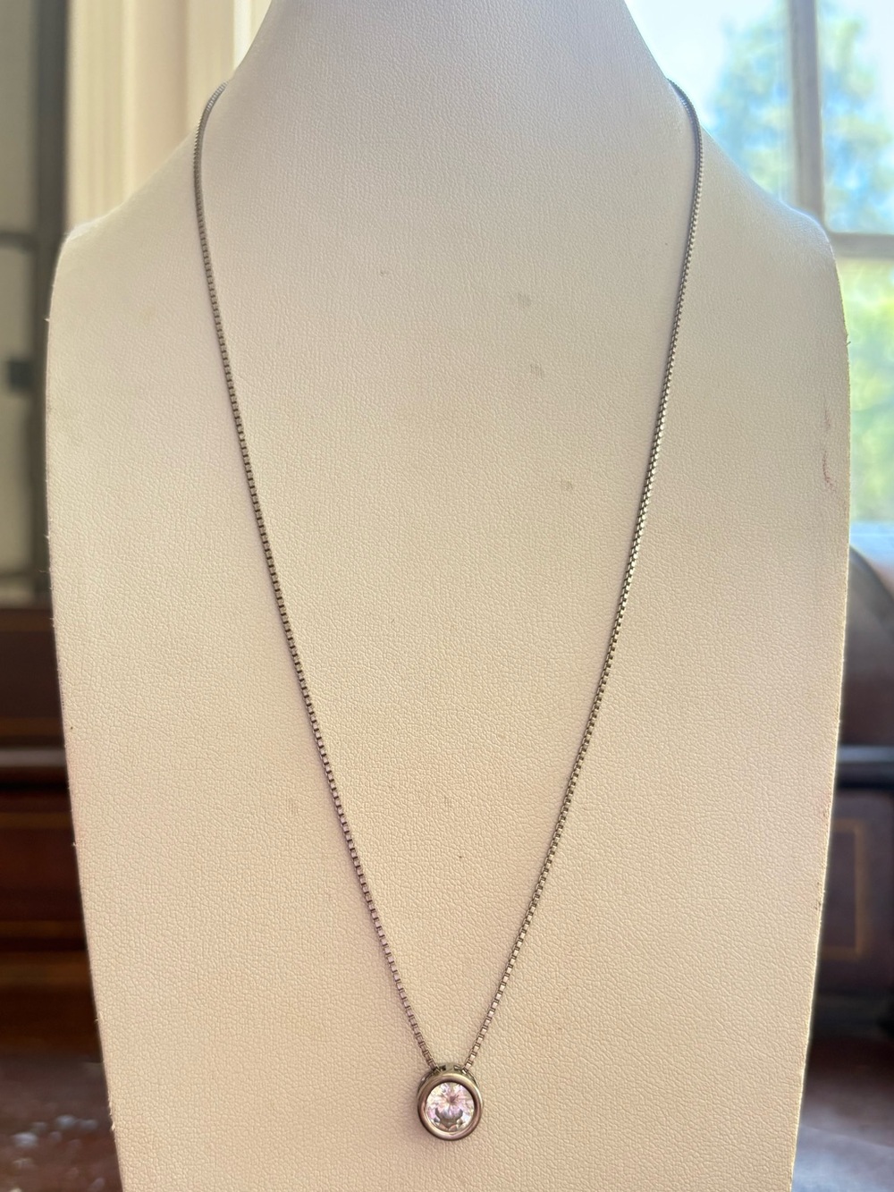 925 Sterling Silver-Tone Round Solitaire Pendant Necklace - White Crystal